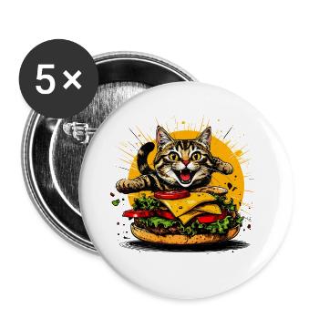 Cat with Big Burger – Funny Fast Food Art - Buttons large 2.2''/56 mm (5-pack) - white - Front