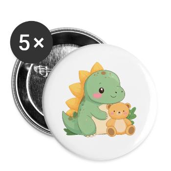 Petit Dino Vert avec Nounours – De mignons amis - Lot de 5 grands badges (56 mm) - blanc - Devant