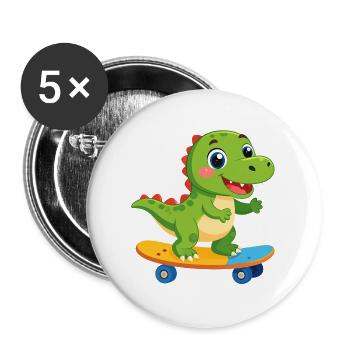 Kleiner grüner Dino auf Skateboard – Skater Spaß - Buttons groß 56 mm (5er Pack) - Weiß - Vorne