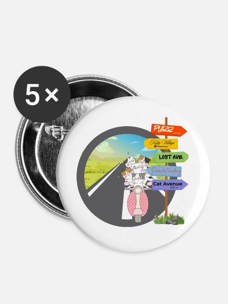 Verspielte Katzen-Roadtrip-Einheit - Buttons groß 56 mm (5er Pack) - Weiß