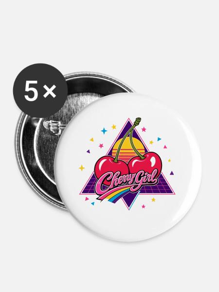 CherryGirl Neon Retro-Kirschen - Buttons groß 56 mm (5er Pack) - Weiß