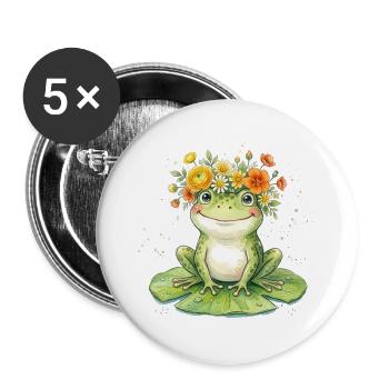 Frosch mit Blumenkrone Design für Teich Gärtner - Buttons groß 56 mm (5er Pack) - Weiß - Vorne