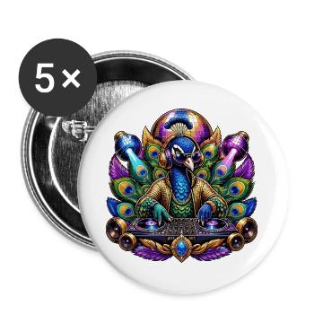 Pfau DJ-Set im Disco-Peacock - Buttons groß 56 mm (5er Pack) - Weiß - Vorne