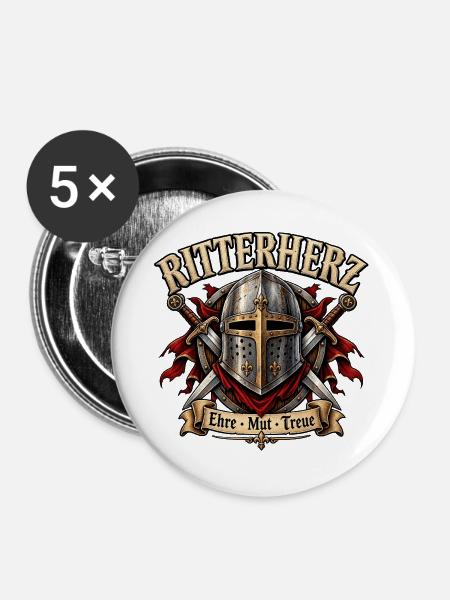 Ritterherz – Mittelalter Ritter mit Schwert & Schi - Buttons groß 56 mm (5er Pack) - Weiß