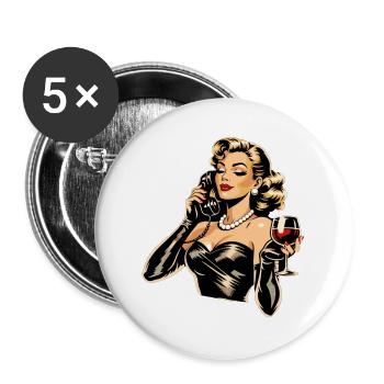 Elegantes Vintage Pin-up Girl mit Wein & Telefon - Buttons groß 56 mm (5er Pack) - Weiß - Vorne