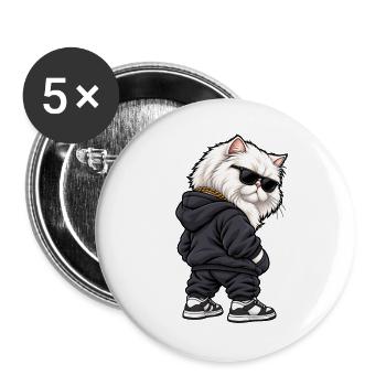 Gangster Perser Katze im Streetwear Look - Buttons groß 56 mm (5er Pack) - Weiß - Vorne