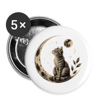 Mystische Katze auf Mondsichel mit Sternen - Buttons groß 56 mm (5er Pack) - Weiß - Vorne