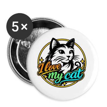 I Love My Cat Neon – Katzendesign-Damenkleidung - Buttons groß 56 mm (5er Pack) - Weiß - Vorne