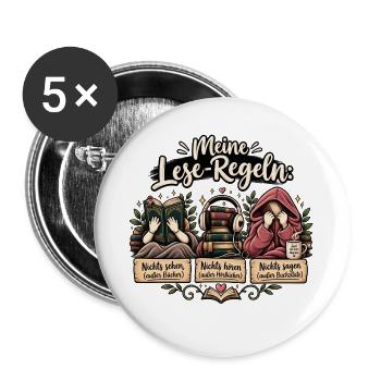 Meine Lese-Regeln – Bücher, Hörbücher & Buchzitate - Buttons groß 56 mm (5er Pack) - Weiß - Vorne