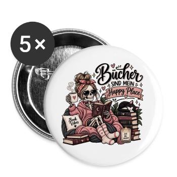 Bücher sind mein Happy Place – Gemütliche Lesezeit - Buttons groß 56 mm (5er Pack) - Weiß - Vorne