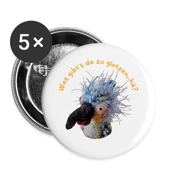 Kultvogel Krallo Kreisch™: Was gibt's zu glotzen? - Buttons groß 56 mm (5er Pack) - Weiß - Vorne