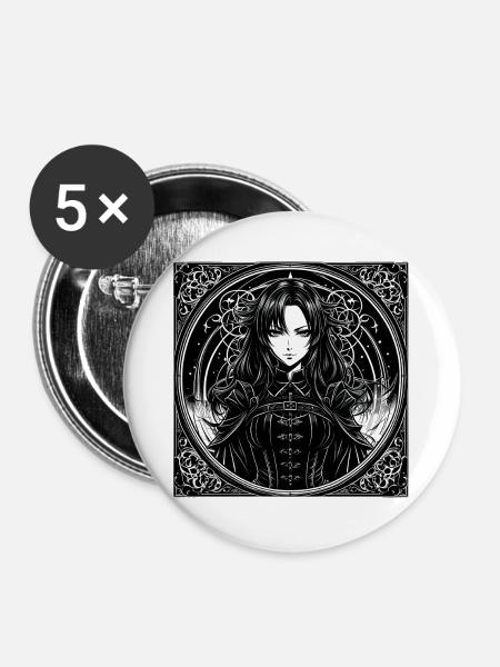 Gothic Dame im Kreisrahmen - Buttons groß 56 mm (5er Pack) - Weiß