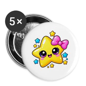 Gelber Kawaii-Stern mit rosa Schleife - Buttons groß 56 mm (5er Pack) - Weiß - Vorne