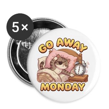 Go Away Monday – Müde Kater Morgenmuffel Design - Buttons groß 56 mm (5er Pack) - Weiß - Vorne