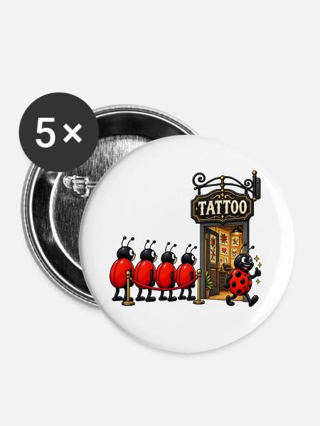 Marienkäfer Tattoo-Studio - Buttons groß 56 mm (5er Pack) - Weiß