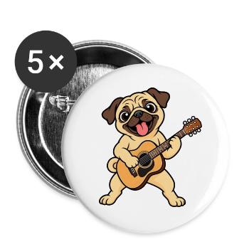 Süßer Mops mit Akustikgitarre - Buttons groß 56 mm (5er Pack) - Weiß - Vorne