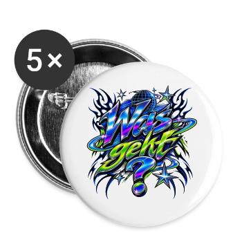 Was geht? Neon-Glitz Motiv - Buttons groß 56 mm (5er Pack) - Weiß - Vorne