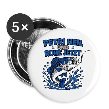 Petri Heil und Ruhe jetzt – Angler Shirt - Buttons groß 56 mm (5er Pack) - Weiß - Vorne