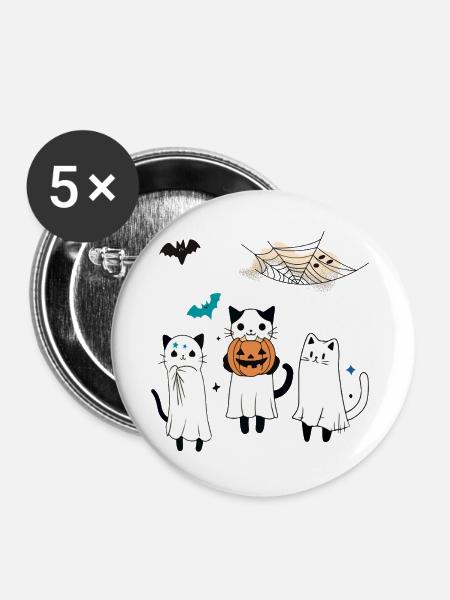 Katzen Halloween - Buttons groß 56 mm (5er Pack) - Weiß
