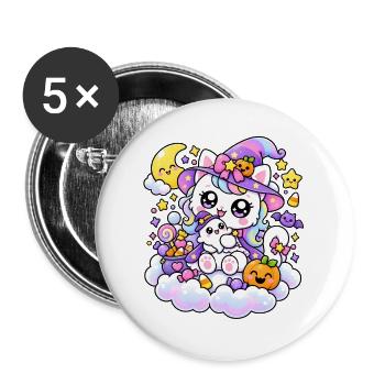 Kawaii-Hexenkatze auf den Wolken - Buttons groß 56 mm (5er Pack) - Weiß - Vorne