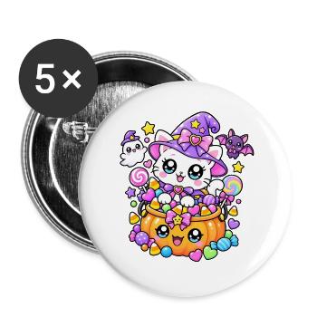Hexenkatze und Kürbisbonbons - Buttons groß 56 mm (5er Pack) - Weiß - Vorne