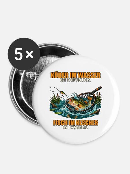 Fisch im Kescher ist Können - Buttons groß 56 mm (5er Pack) - Weiß