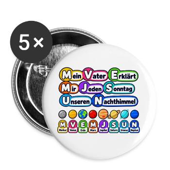 Planeten Merksatz – M V E M J S U N - Buttons groß 56 mm (5er Pack) - Weiß - Vorne