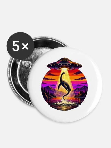 UFO-Strahl-Lochness-Monster Sonnenuntergangsneon - Buttons groß 56 mm (5er Pack) - Weiß