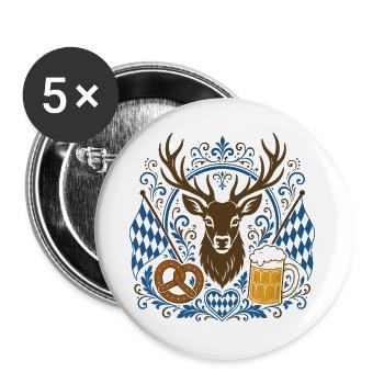 Bayern Volksfest Hirschkopf Bier Brezel bayerisch - Buttons groß 56 mm (5er Pack) - Weiß - Vorne