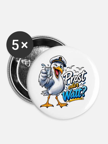 Prost oder Watt? Seemöwenkapitän - Buttons groß 56 mm (5er Pack) - Weiß