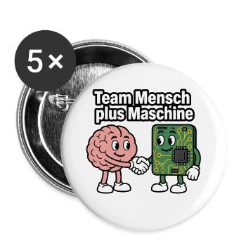 Team Mensch plus Maschine – KI Tech Humor Shirt - Buttons groß 56 mm (5er Pack) - Weiß - Vorne