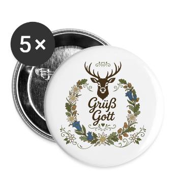 Grüß Gott Hirschgeweih Bayern - Buttons groß 56 mm (5er Pack) - Weiß - Vorne