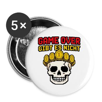 Game Over gibt es nicht – Pixel Totenkopf Shirt - Buttons groß 56 mm (5er Pack) - Weiß - Vorne