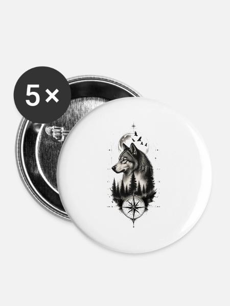 Wolf im Wald unter dem Kompass - Buttons groß 56 mm (5er Pack) - Weiß