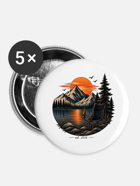 Camping-Sonnenuntergang am See - Buttons groß 56 mm (5er Pack) - Weiß