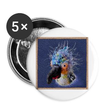 Krallo Kreisch™ Kultvogel Pop-Out Lederoptik blau - Buttons groß 56 mm (5er Pack) - Weiß - Vorne