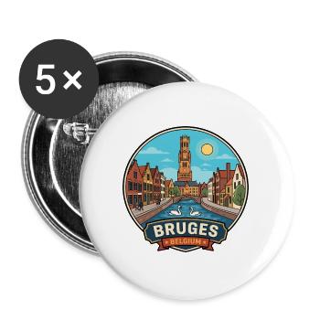 Brügge, Belgien, Belfry Canal Swans Reiseabzeichen - Buttons groß 56 mm (5er Pack) - Weiß - Vorne