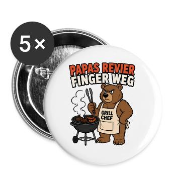 Papas Revier Finger weg – Grill Bär T-Shirt - Buttons groß 56 mm (5er Pack) - Weiß - Vorne