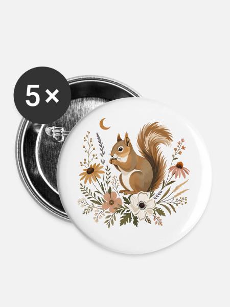Eichhörnchen Floral - Buttons groß 56 mm (5er Pack) - Weiß