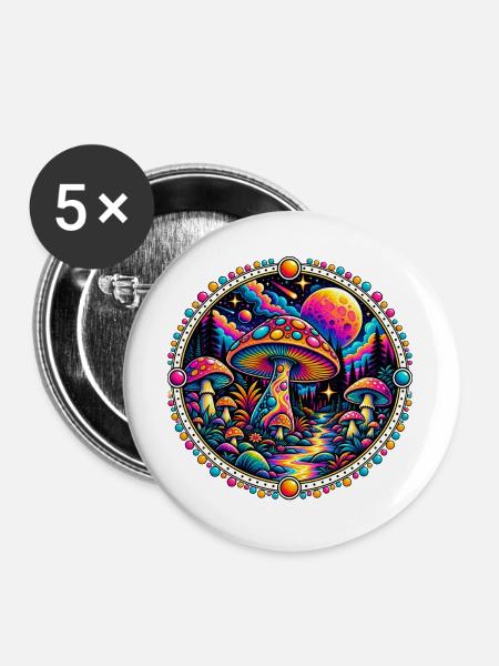 Psychedelischer Pilzwald - Buttons groß 56 mm (5er Pack) - Weiß