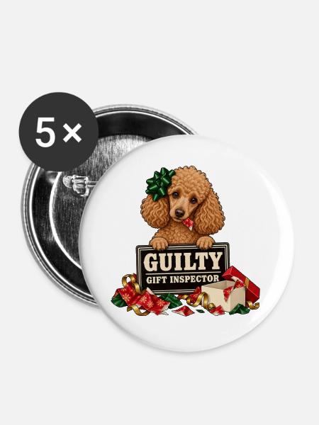 Zwergpudel Weihnachten – Guilty - Buttons groß 56 mm (5er Pack) - Weiß