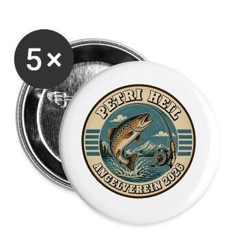 Petri Heil Angelverein 2026 – Retro Angler Shirt - Buttons groß 56 mm (5er Pack) - Weiß - Vorne