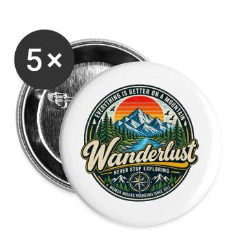 Vintage Mountain Hiking T-Shirt Wanderlust Tee - Buttons groß 56 mm (5er Pack) - Weiß - Vorne