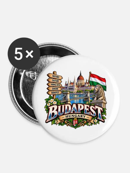 Budapest – Donau, Parlament & Ungarn - Buttons groß 56 mm (5er Pack) - Weiß