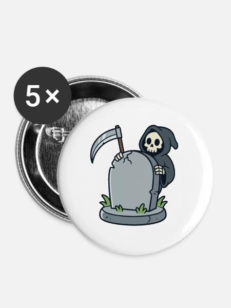 Cartoon-Sensenmann hinter einem Grabstein - Buttons groß 56 mm (5er Pack) - Weiß
