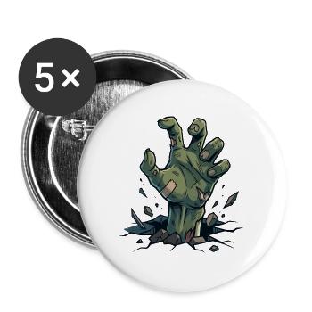 Grüne Zombie-Hand bricht durch rissigen Boden - Buttons groß 56 mm (5er Pack) - Weiß - Vorne