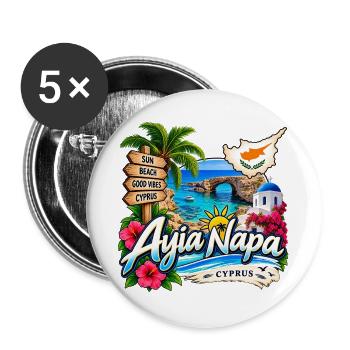 Ayia Napa – Sonne, Strand & Zypern - Buttons groß 56 mm (5er Pack) - Weiß - Vorne