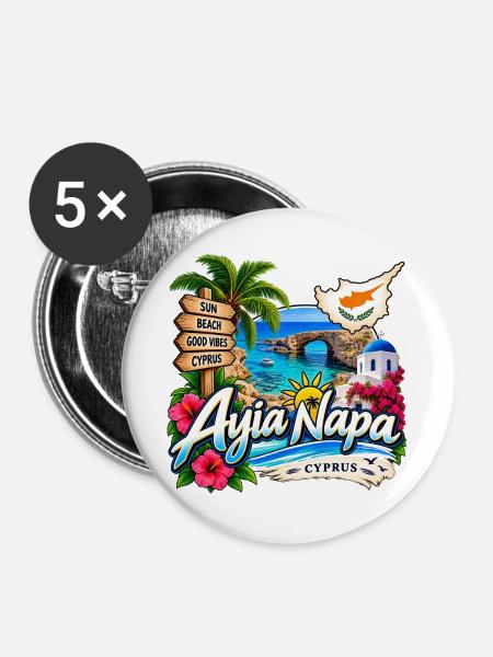 Ayia Napa – Sonne, Strand & Zypern - Buttons groß 56 mm (5er Pack) - Weiß