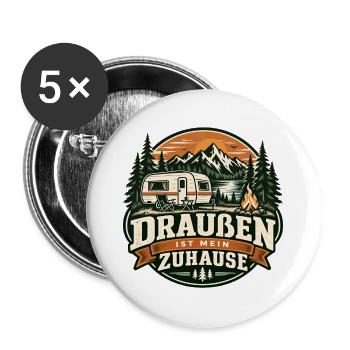 Draußen ist mein Zuhause – Camping & Wohnwagen - Buttons groß 56 mm (5er Pack) - Weiß - Vorne