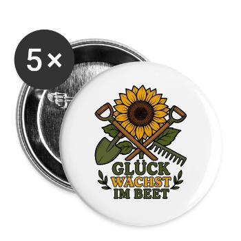 Glück wächst im Beet Garten Schaufel Rechen Design - Buttons groß 56 mm (5er Pack) - Weiß - Vorne
